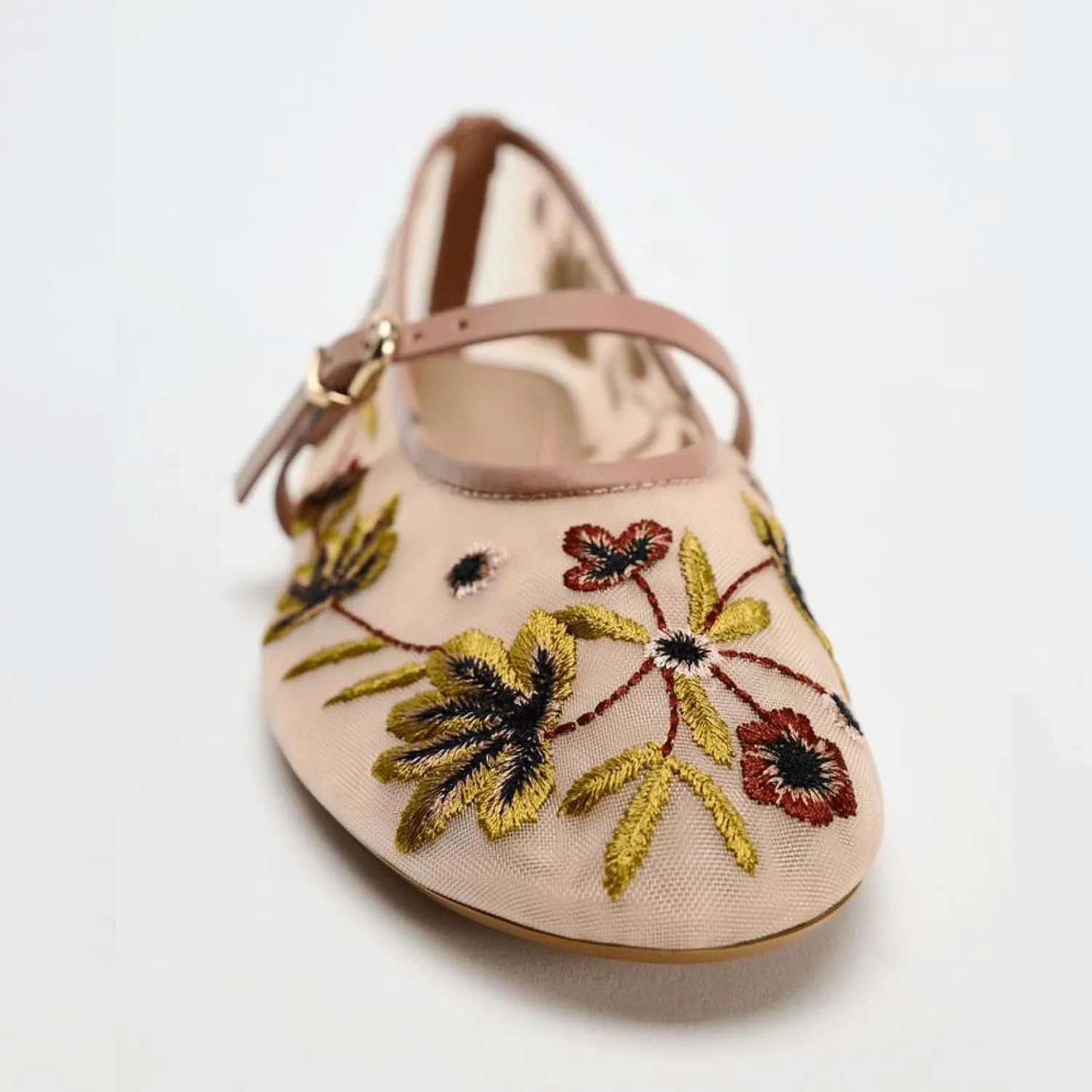 MAVMAX Nude Mesh Ballet Flats for Women Tulle Floral Embroidered Mary Jane Ballerina Round Toe Comfortable Daily Dress Ballet Flats Shoes with Strap