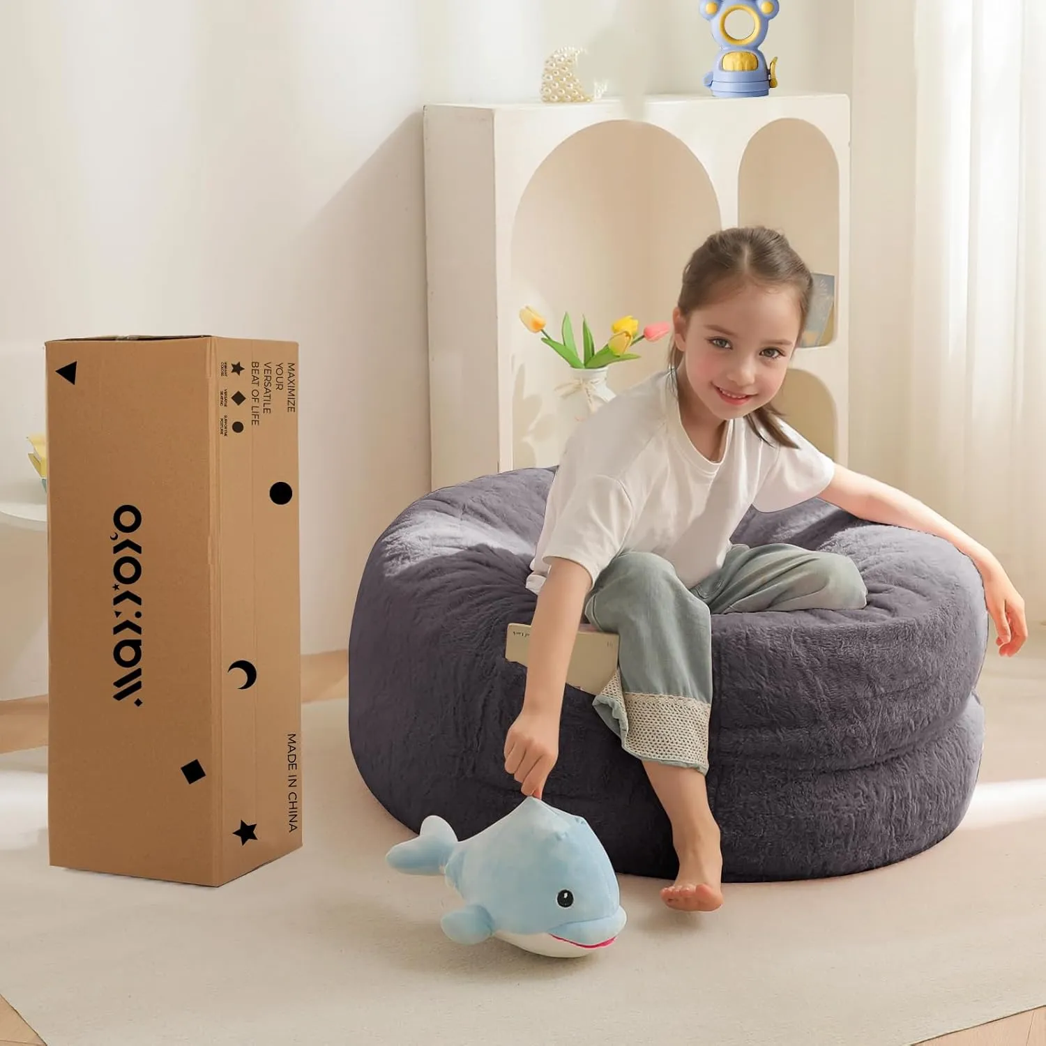 MAXYOYO Bean Bag Chair Bed for Kids, Convertible Bean Bag Folds from Lazy Chair to Floor Mattress Bed, Stuffed Floor Sofa Couch for Boys and Girls, High-Density Foam Filling, Dark Grey