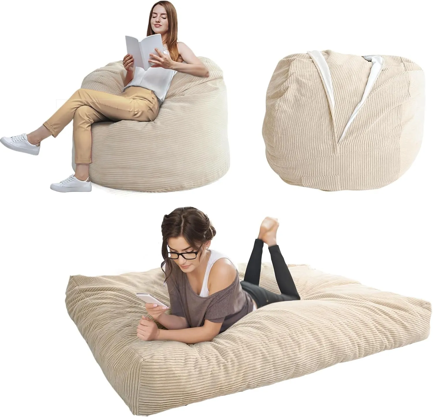 MAXYOYO Giant Bean Bag Chair Bed for Adults, Convertible Beanbag Folds from Lazy Chair to Floor Mattress Bed, Large Floor Sofa Couch, Big Sofa Bed, High-Density Foam Filling, Machine Washable