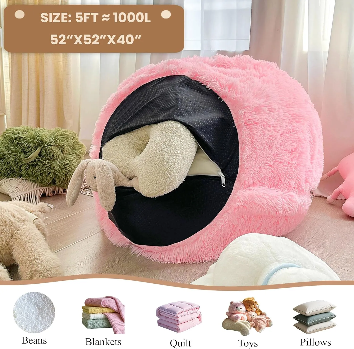 MEGO 5FT Giant Faux Fur Bean Bag Chair Cover (No Filler), Soft Comfy Lazy Sofa Bed Cover Adults Girls, Anti-slip Washable Furry Stuffed Animal Beanbag Storage for Living Room Bedroom, Rainbow