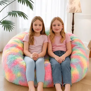 MEGO 5FT Giant Faux Fur Bean Bag Chair Cover (No Filler), Soft Comfy Lazy Sofa Bed Cover Adults Girls, Anti-slip Washable Furry Stuffed Animal Beanbag Storage for Living Room Bedroom, Rainbow