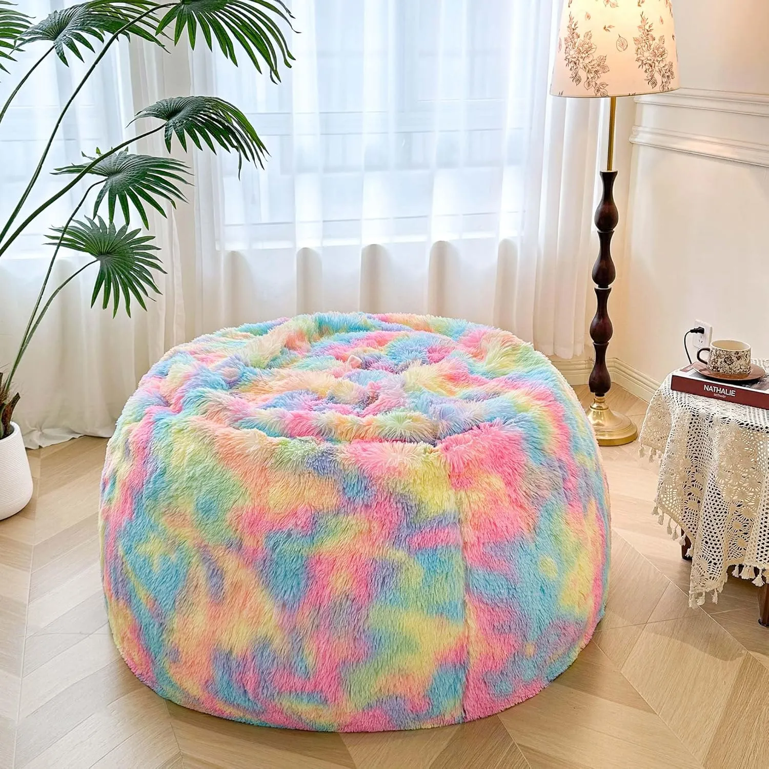 MEGO 5FT Giant Faux Fur Bean Bag Chair Cover (No Filler), Soft Comfy Lazy Sofa Bed Cover Adults Girls, Anti-slip Washable Furry Stuffed Animal Beanbag Storage for Living Room Bedroom, Rainbow