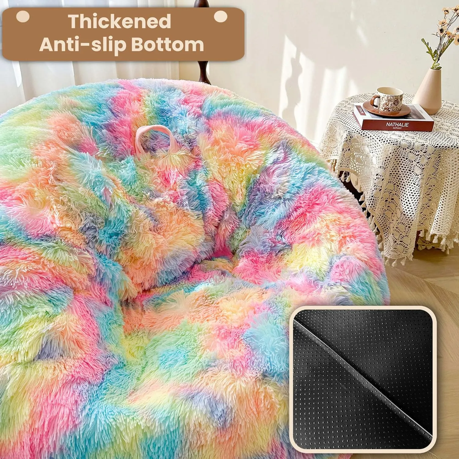 MEGO 5FT Giant Faux Fur Bean Bag Chair Cover (No Filler), Soft Comfy Lazy Sofa Bed Cover Adults Girls, Anti-slip Washable Furry Stuffed Animal Beanbag Storage for Living Room Bedroom, Rainbow