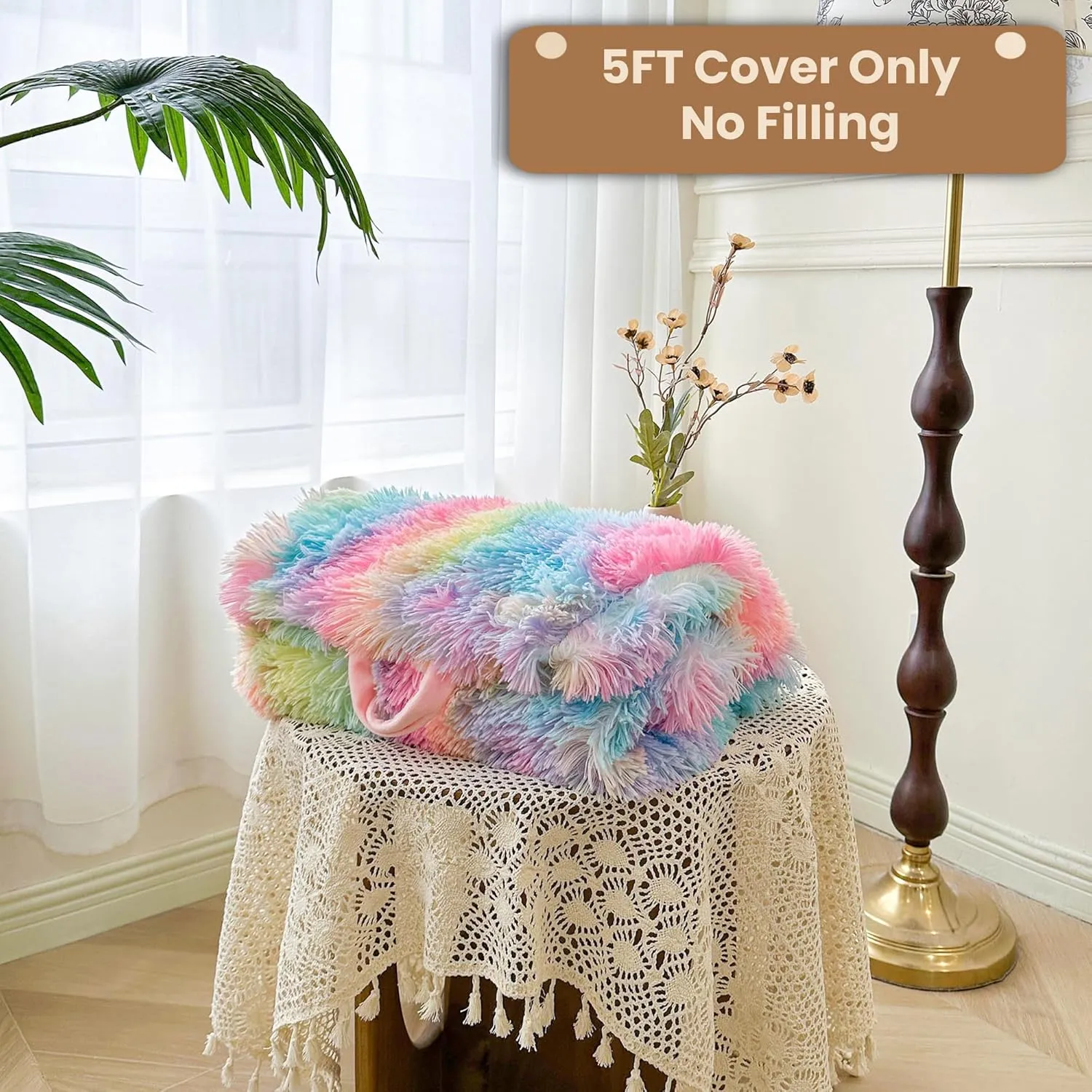 MEGO 5FT Giant Faux Fur Bean Bag Chair Cover (No Filler), Soft Comfy Lazy Sofa Bed Cover Adults Girls, Anti-slip Washable Furry Stuffed Animal Beanbag Storage for Living Room Bedroom, Rainbow