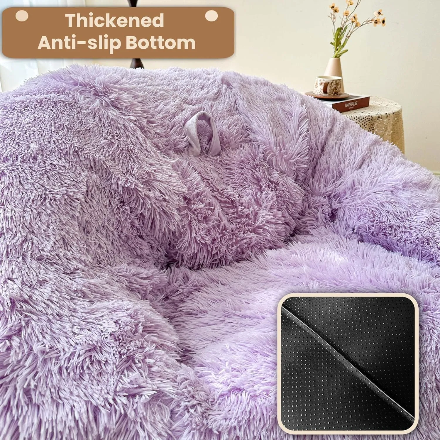 MEGO 5FT Giant Faux Fur Comfy Bean Bag Chair Cover (No Filler), Oversized Soft Fluffy Lazy Sofa Bed Cover Light Purple, Anti-Slip Fuzzy Beanbag Cover for Adults Kids Girls Teens, Lavender