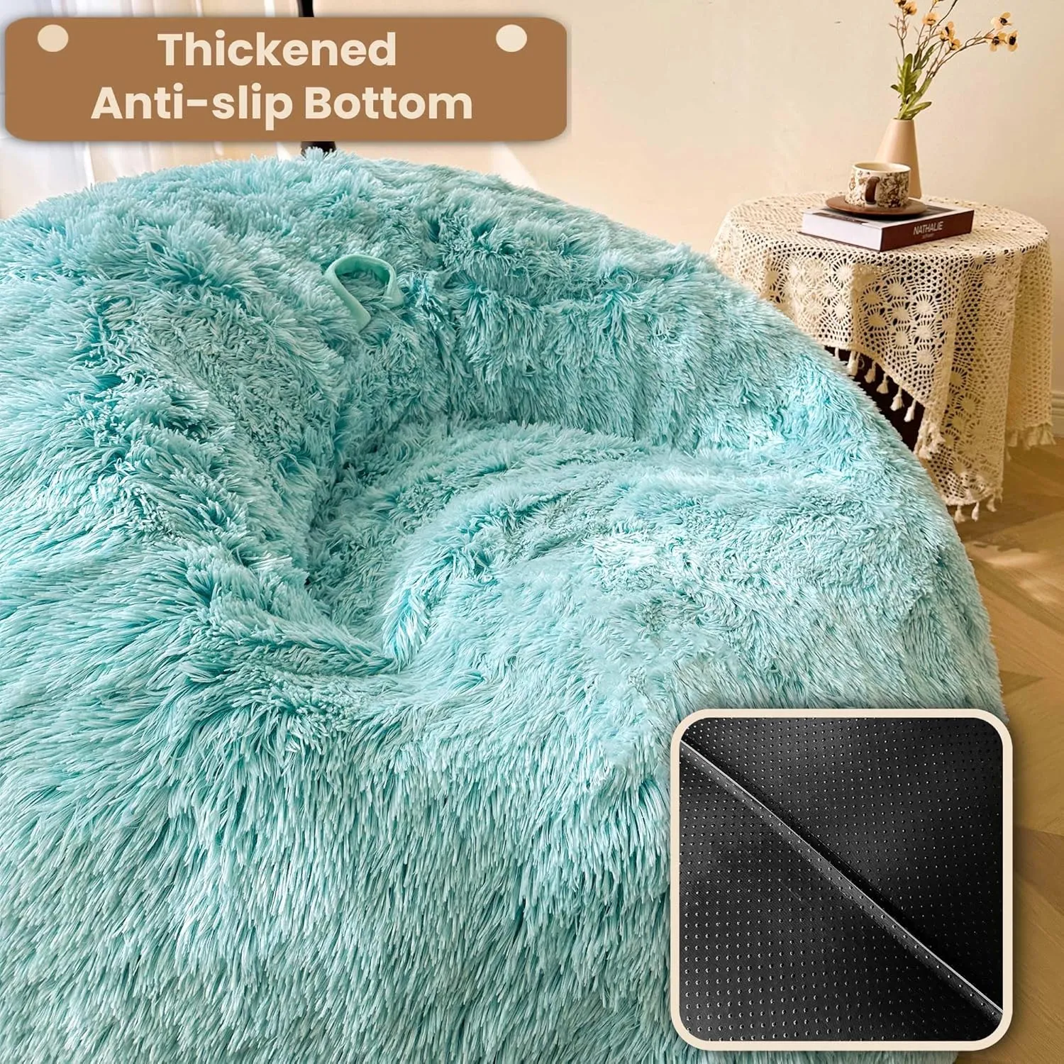 MEGO 5FT Oversized Soft Luxury Bean Bag Chair Cover (No Filler), Fluffy Faux Fur Stuffed Animal Storage Beanbag Cover, Anti-Slip Plush Fuzzy Lazy Sofa Bed Cover Adults Girls Kids Teens, Ombre Aqua