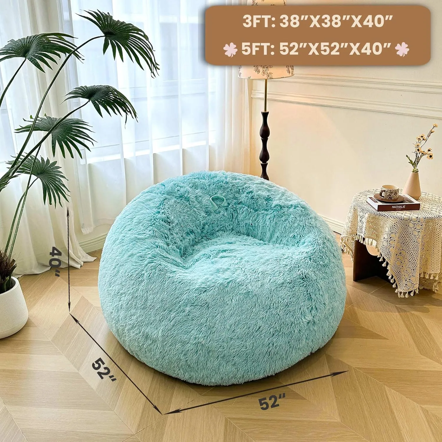 MEGO 5FT Oversized Soft Luxury Bean Bag Chair Cover (No Filler), Fluffy Faux Fur Stuffed Animal Storage Beanbag Cover, Anti-Slip Plush Fuzzy Lazy Sofa Bed Cover Adults Girls Kids Teens, Ombre Aqua
