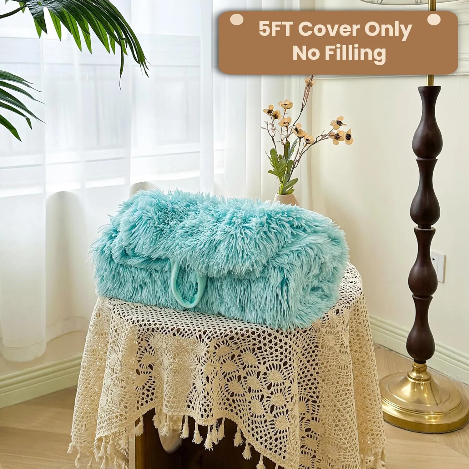 MEGO 5FT Oversized Soft Luxury Bean Bag Chair Cover (No Filler), Fluffy Faux Fur Stuffed Animal Storage Beanbag Cover, Anti-Slip Plush Fuzzy Lazy Sofa Bed Cover Adults Girls Kids Teens, Ombre Aqua