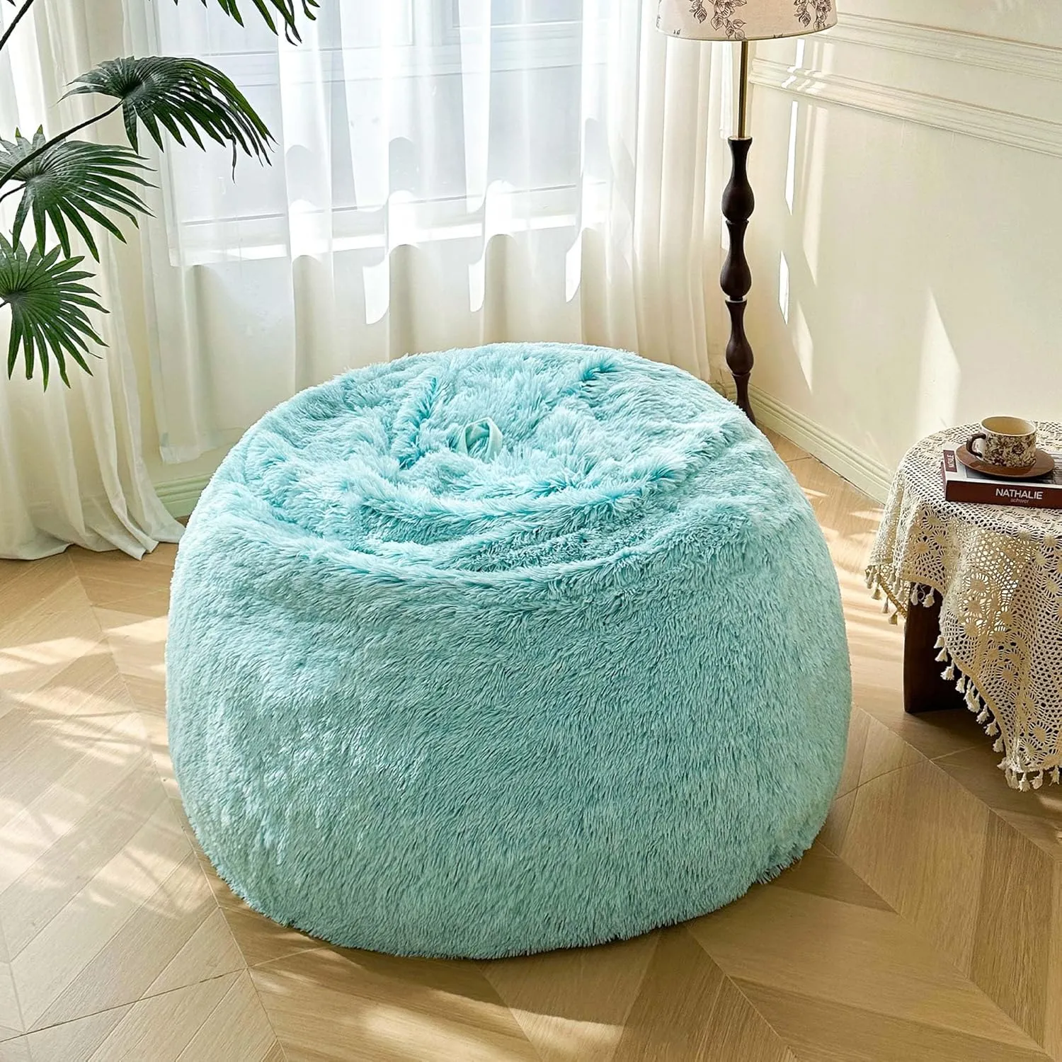 MEGO 5FT Oversized Soft Luxury Bean Bag Chair Cover (No Filler), Fluffy Faux Fur Stuffed Animal Storage Beanbag Cover, Anti-Slip Plush Fuzzy Lazy Sofa Bed Cover Adults Girls Kids Teens, Ombre Aqua