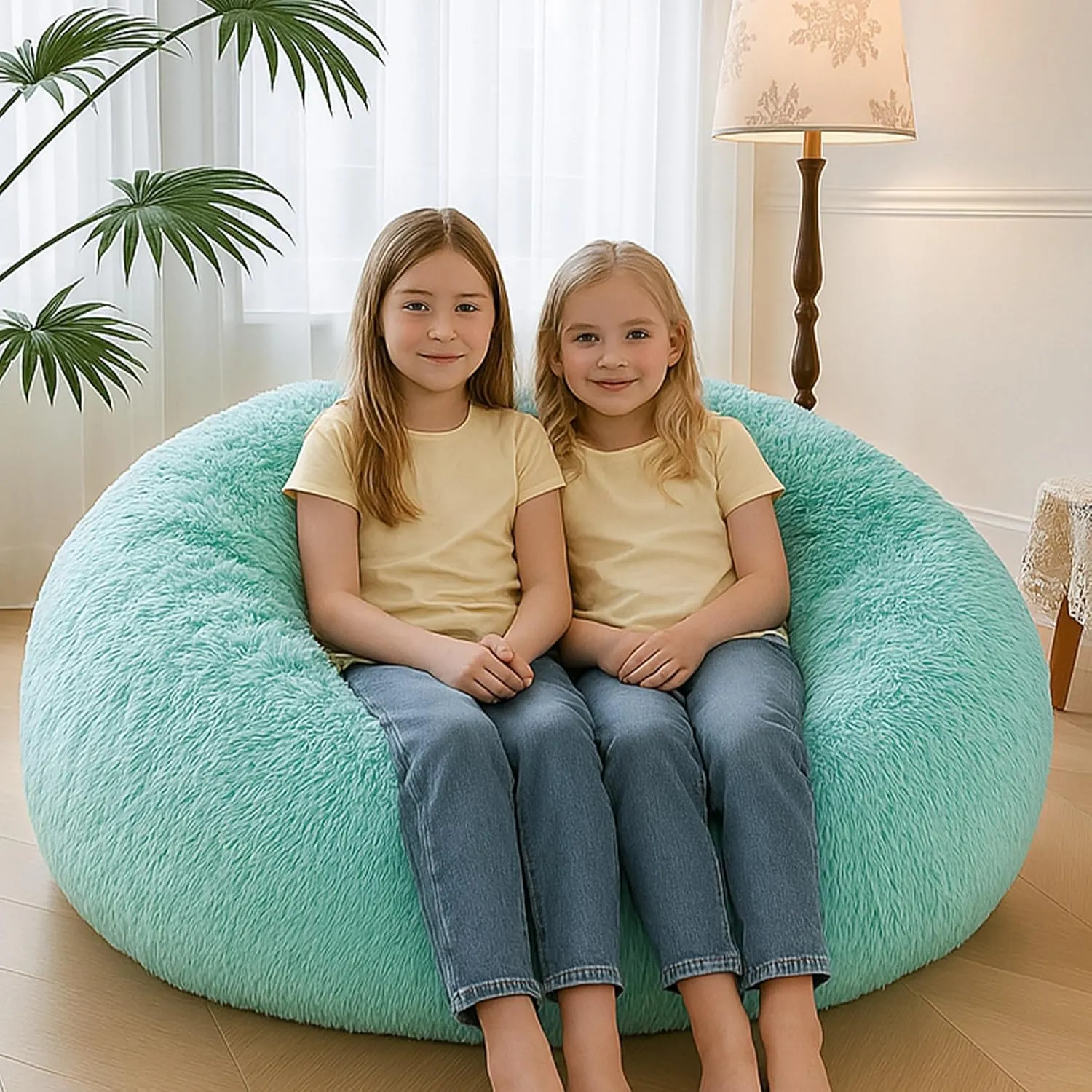 MEGO 5FT Oversized Soft Luxury Bean Bag Chair Cover (No Filler), Fluffy Faux Fur Stuffed Animal Storage Beanbag Cover, Anti-Slip Plush Fuzzy Lazy Sofa Bed Cover Adults Girls Kids Teens, Ombre Aqua