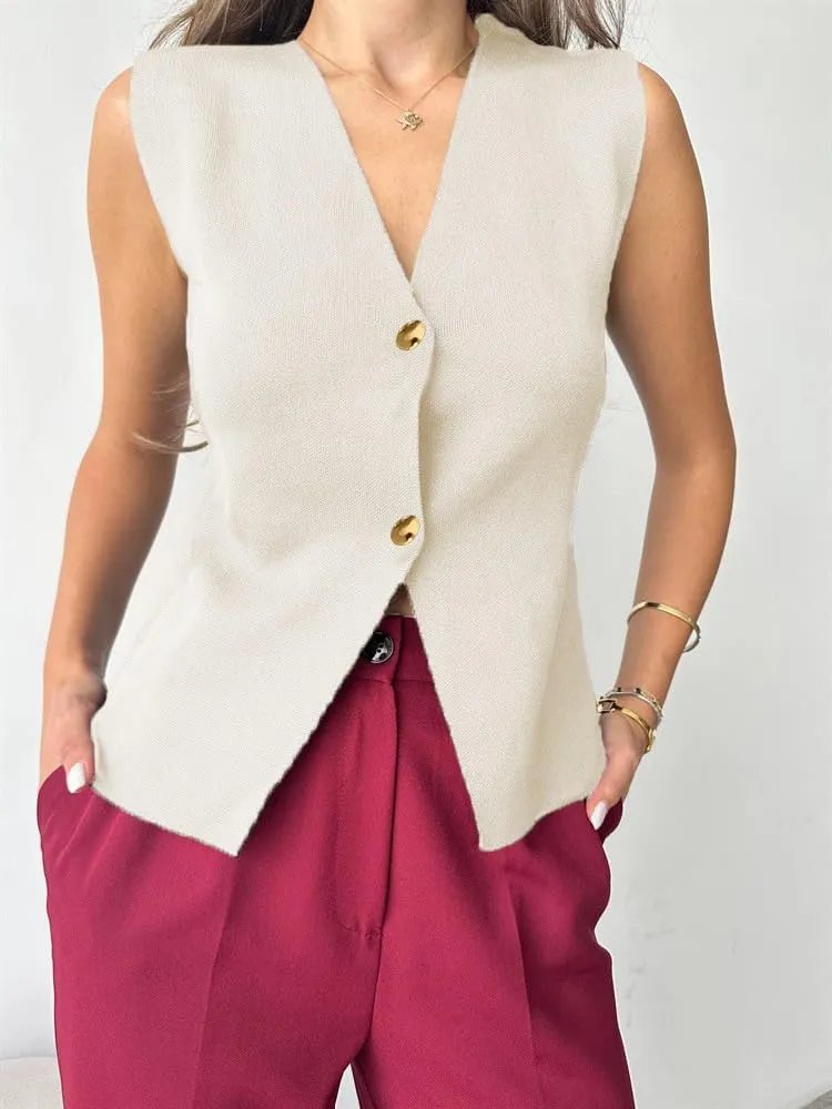 Melliflo Womens Button Down Vest Tops Casual Sleeveless Trendy Knit Vest Summer Work Business Casual Outfits