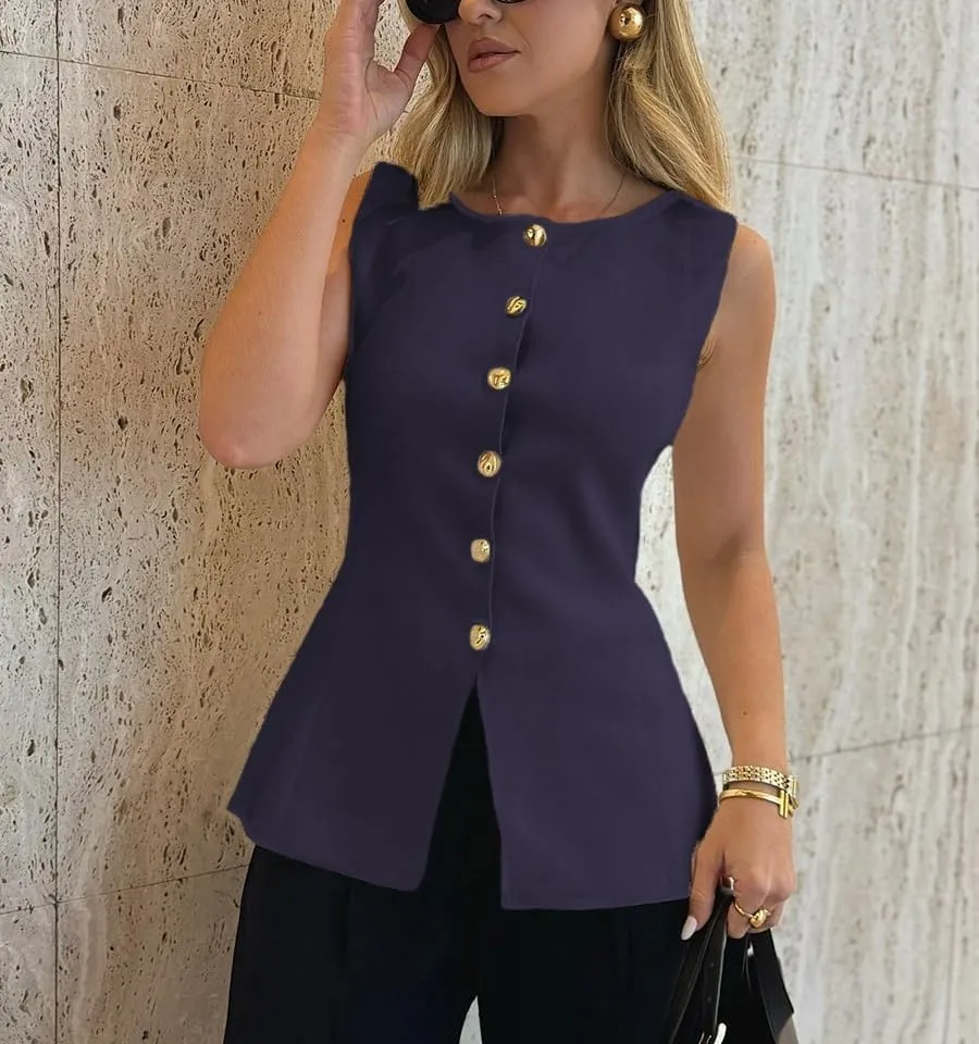 Melliflo Womens Button Down Vest Tops Casual Sleeveless Trendy Knit Vest Summer Work Business Casual Outfits