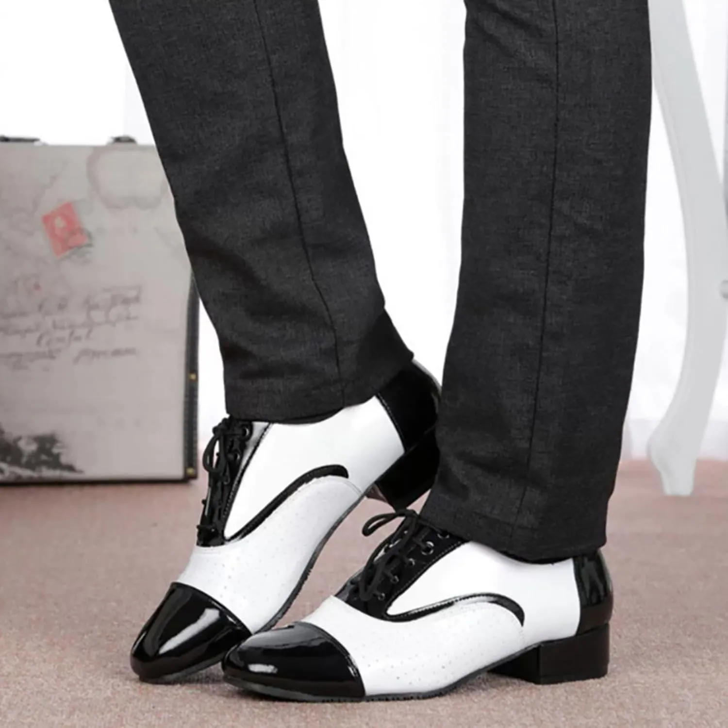 Men's Dance Shoes, Lace-Up Cowhide Leather Salsa Tango Waltz Ballroom Latin Dance Shoes for Outdoor