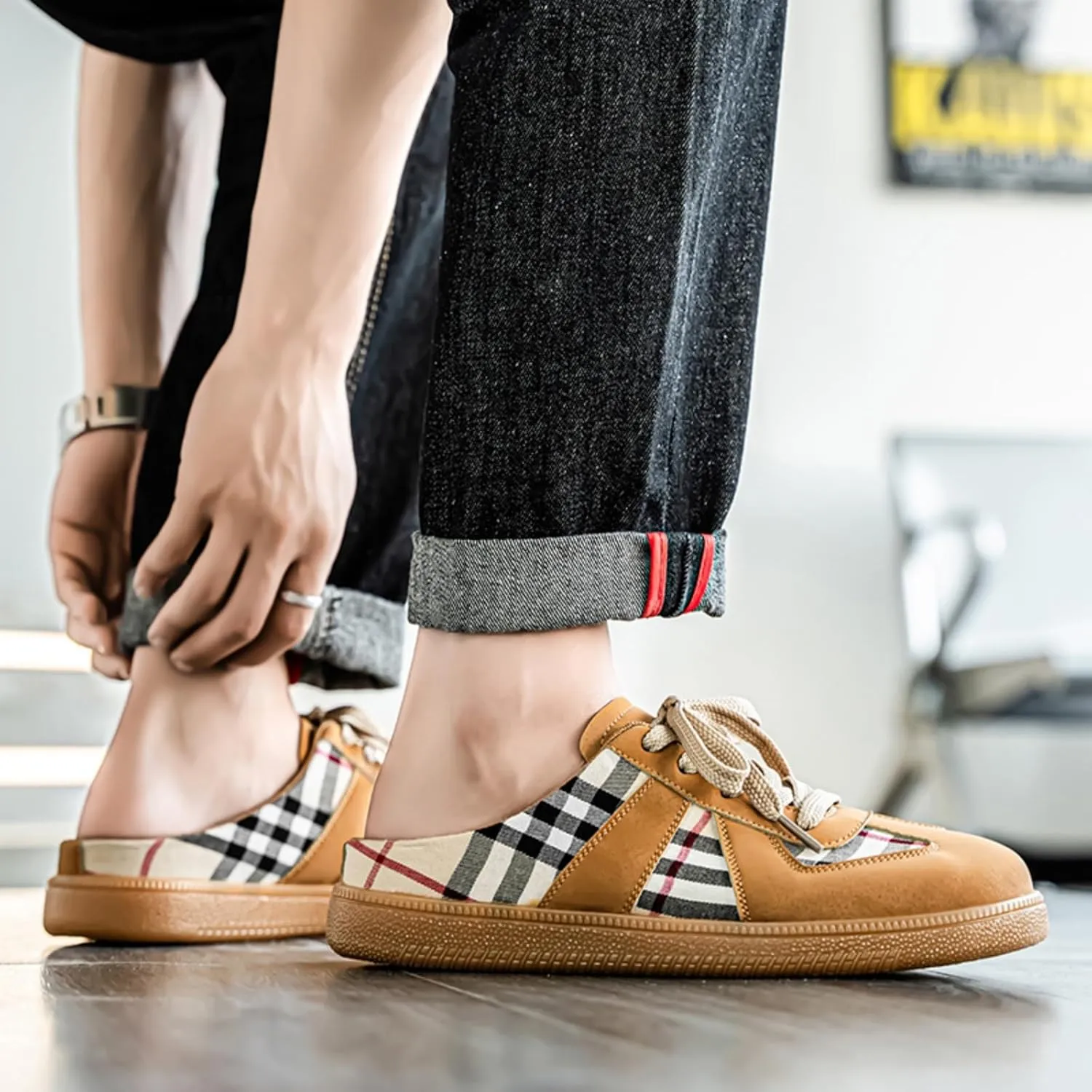Men's Summer Casual Slip-On Loafers | Suede & Plaid Design | Comfortable Lightweight Rubber Sole | Breathable Mule Sneakers for Daily Wear