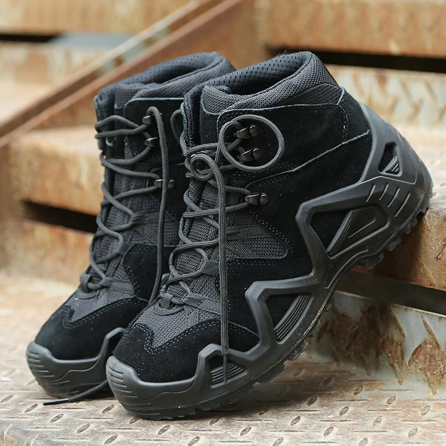 Men's Trekking Boots Mid Waterproof Outdoor High Rise Hiking Shoes-Black||EU40/US7.5