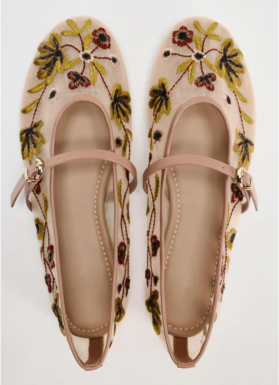 Mesh Ballet Flats for Women Embroidered Floral Round Toe Mary Jane