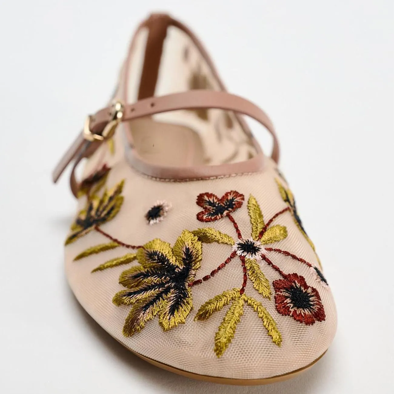 Mesh Ballet Flats for Women Embroidered Floral Round Toe Mary Jane