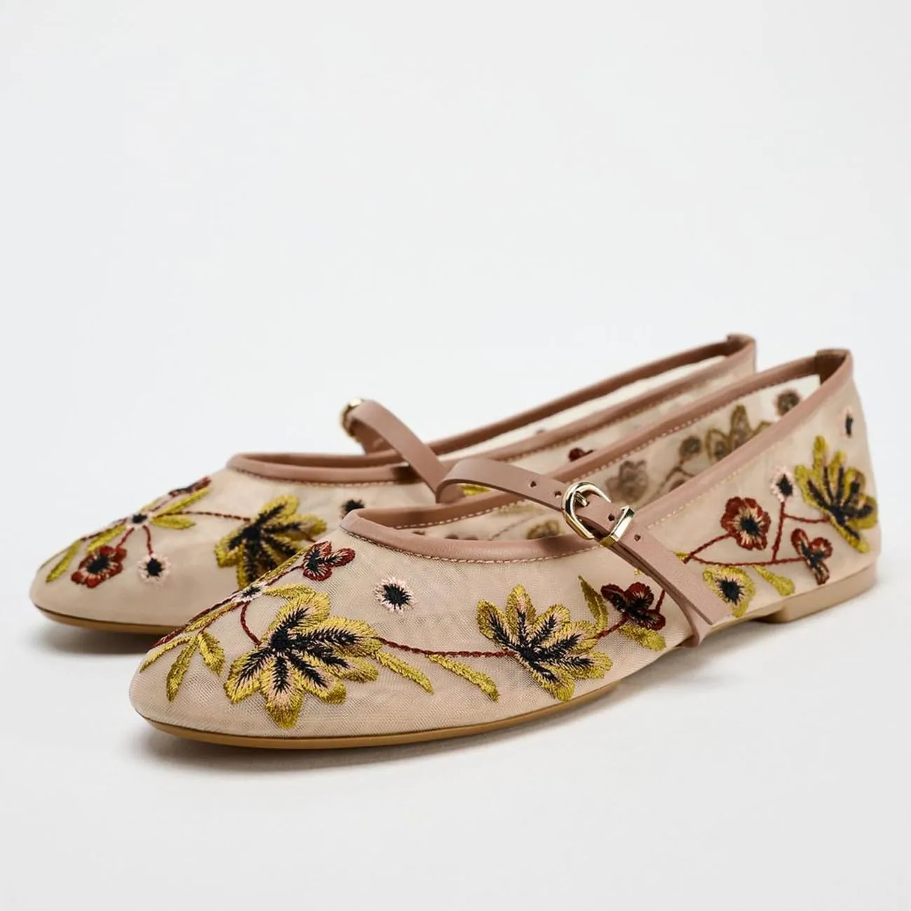 Mesh Ballet Flats for Women Embroidered Floral Round Toe Mary Jane