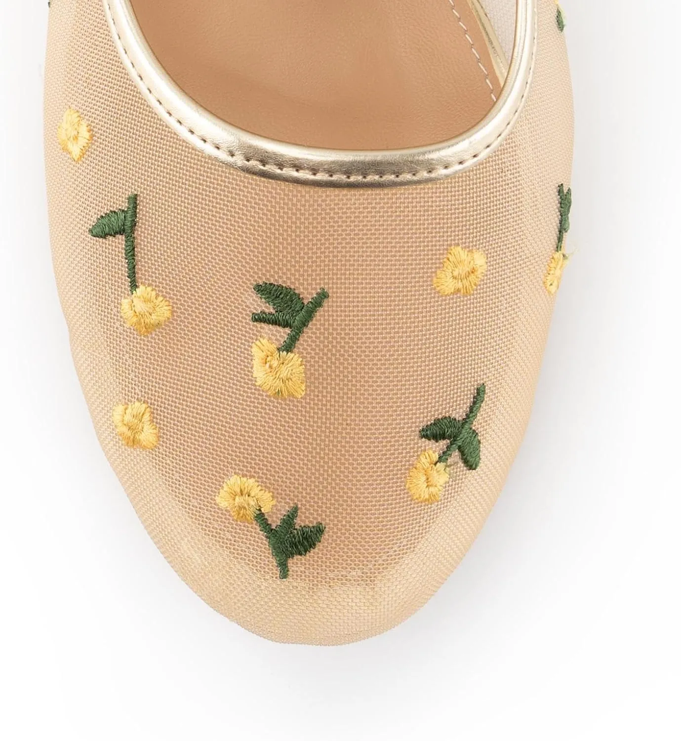 Mesh Ballet Flats for Women Floral Embroidered Mary Jane Flats Shoes Round Toe Slip On Tulle Comfortable Casual Ballerina Flats with Strap