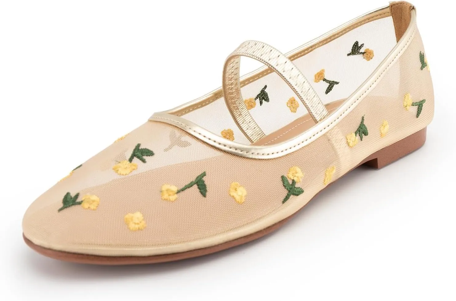 Mesh Ballet Flats for Women Floral Embroidered Mary Jane Flats Shoes Round Toe Slip On Tulle Comfortable Casual Ballerina Flats with Strap