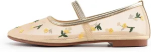 Mesh Ballet Flats for Women Floral Embroidered Mary Jane Flats Shoes Round Toe Slip On Tulle Comfortable Casual Ballerina Flats with Strap
