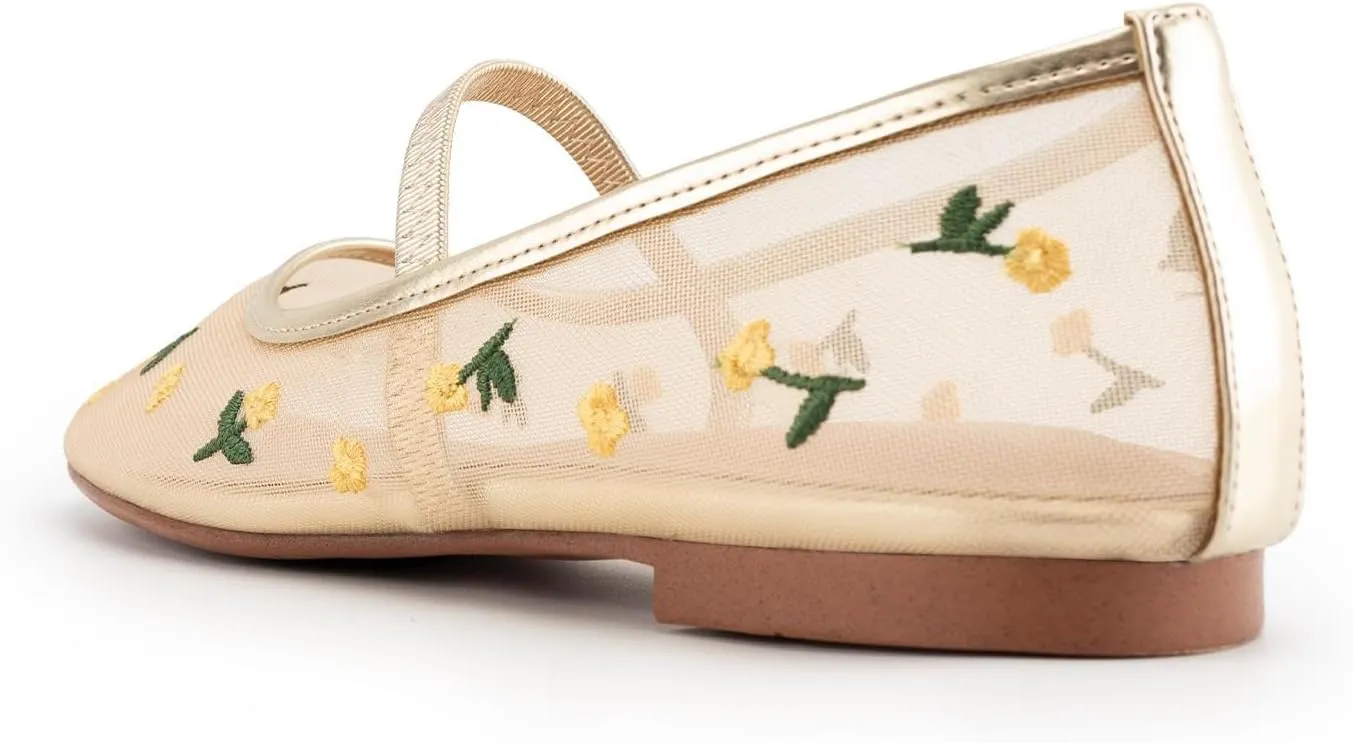 Mesh Ballet Flats for Women Floral Embroidered Mary Jane Flats Shoes Round Toe Slip On Tulle Comfortable Casual Ballerina Flats with Strap