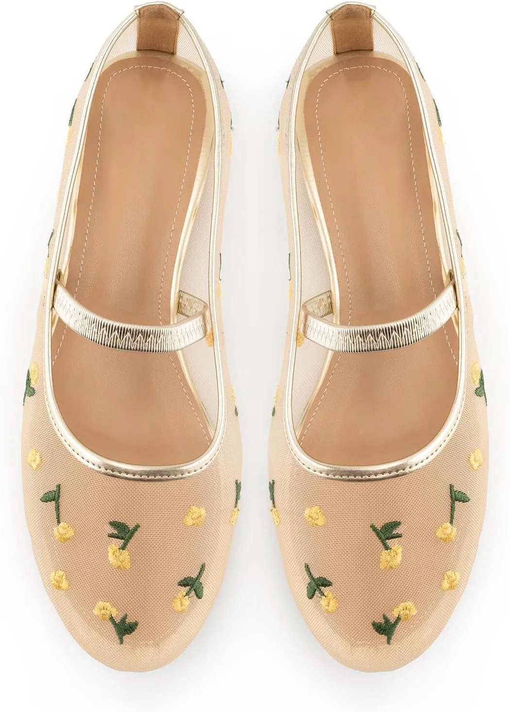 Mesh Ballet Flats for Women Floral Embroidered Mary Jane Flats Shoes Round Toe Slip On Tulle Comfortable Casual Ballerina Flats with Strap