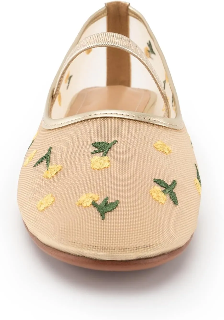 Mesh Ballet Flats for Women Floral Embroidered Mary Jane Flats Shoes Round Toe Slip On Tulle Comfortable Casual Ballerina Flats with Strap