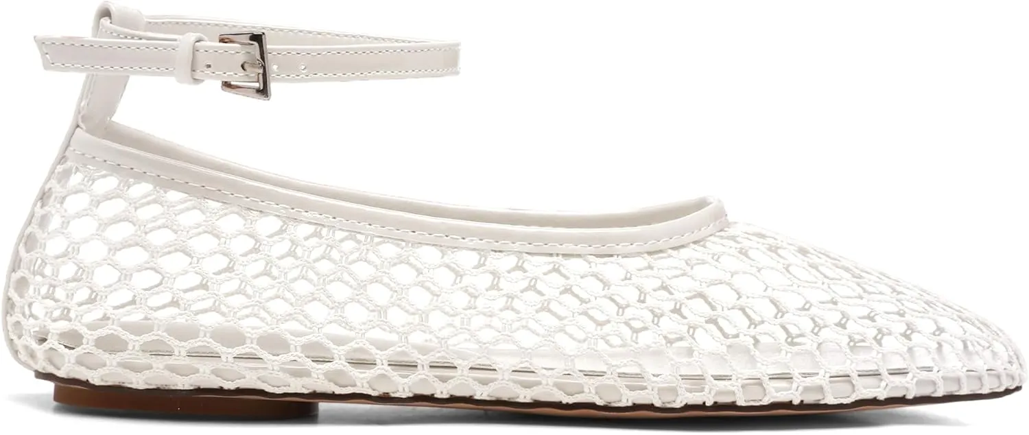 Mesh Ballet Flats for Women Metal Buckle Mary Jane Flats Comfortable Dressy Ballerina Fishnet Shoes with Ankle Bracelet