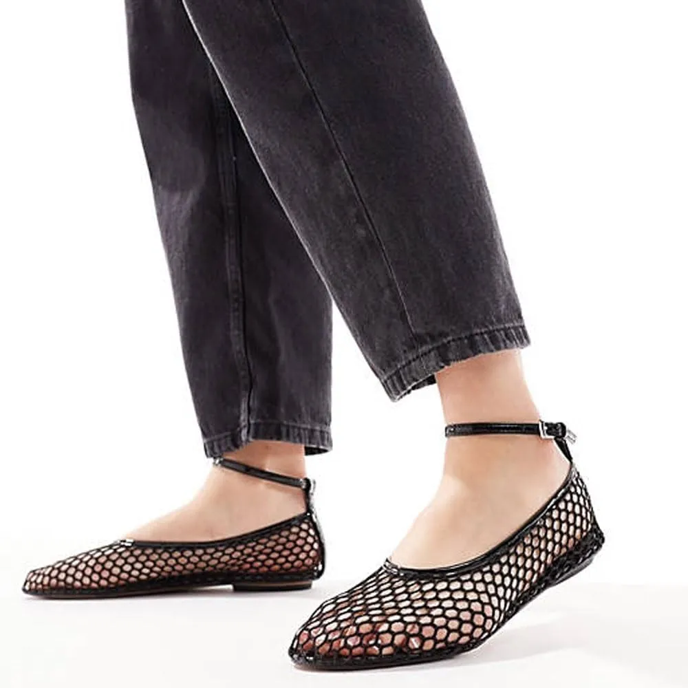 Mesh Ballet Flats for Women Metal Buckle Mary Jane Flats Comfortable Dressy Ballerina Fishnet Shoes with Ankle Bracelet