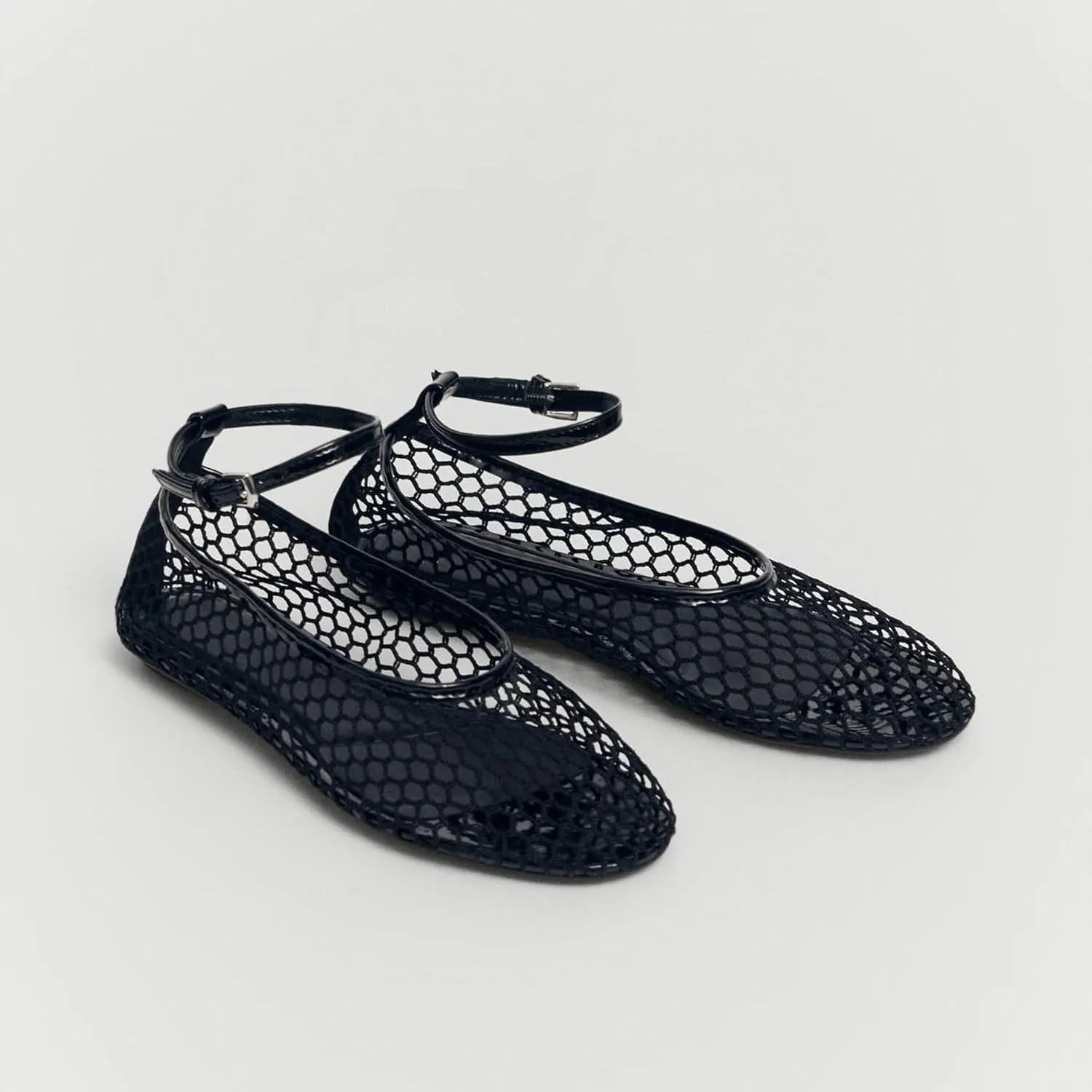 Mesh Ballet Flats for Women Metal Buckle Mary Jane Flats Comfortable Dressy Ballerina Fishnet Shoes with Ankle Bracelet