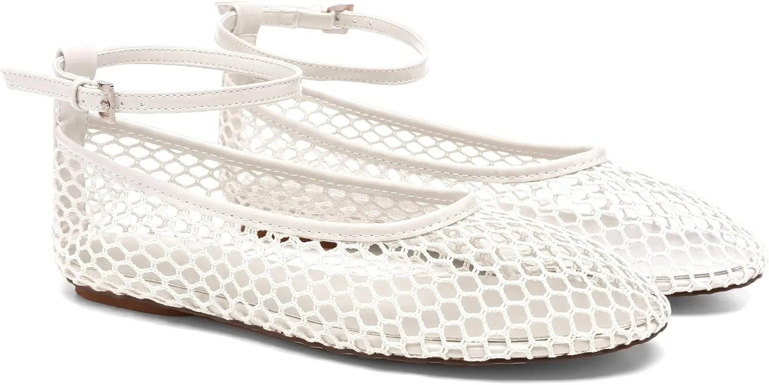 Mesh Ballet Flats for Women Metal Buckle Mary Jane Flats Comfortable Dressy Ballerina Fishnet Shoes with Ankle Bracelet