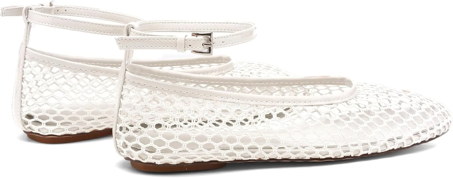 Mesh Ballet Flats for Women Metal Buckle Mary Jane Flats Comfortable Dressy Ballerina Fishnet Shoes with Ankle Bracelet