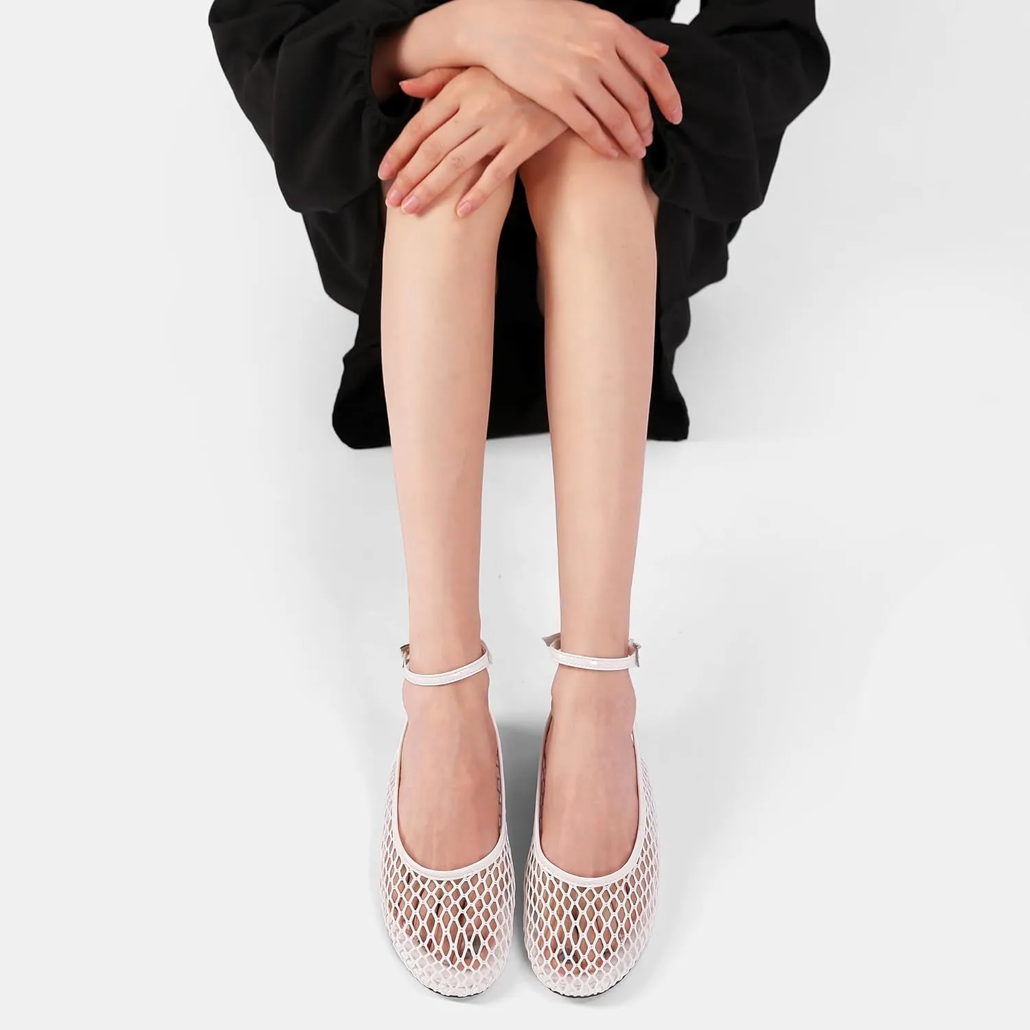 Mesh Ballet Flats for Women Metal Buckle Mary Jane Flats Comfortable Dressy Ballerina Fishnet Shoes with Ankle Bracelet