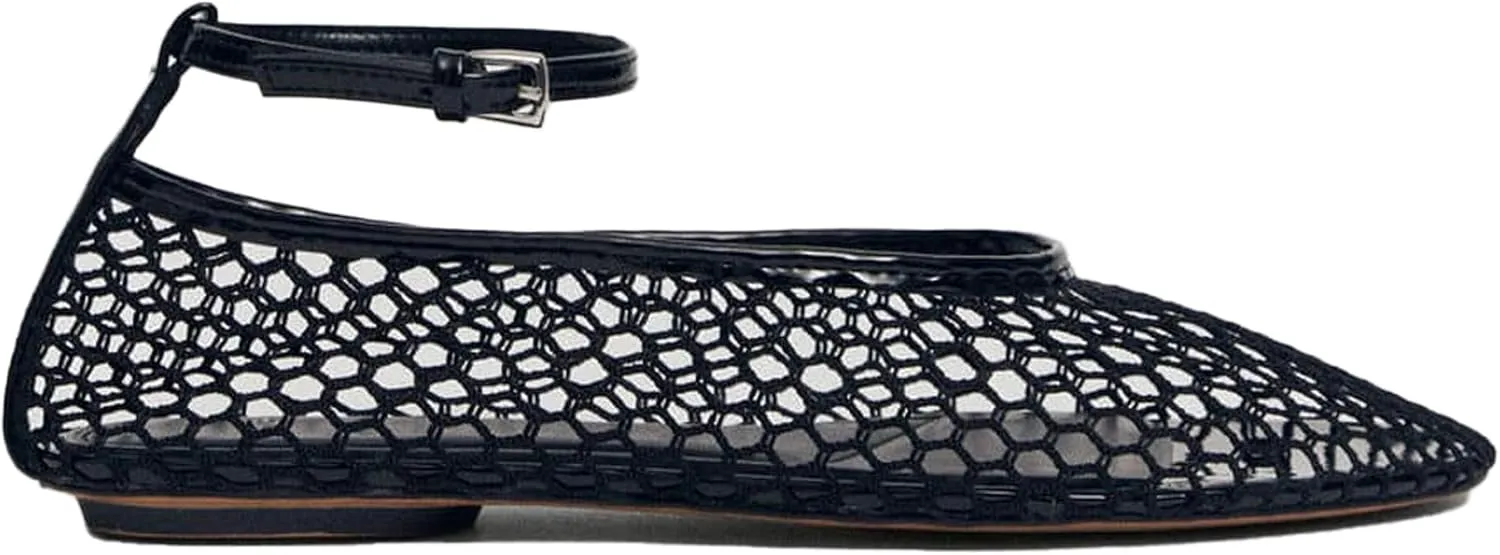 Mesh Ballet Flats for Women Metal Buckle Mary Jane Flats Comfortable Dressy Ballerina Fishnet Shoes with Ankle Bracelet