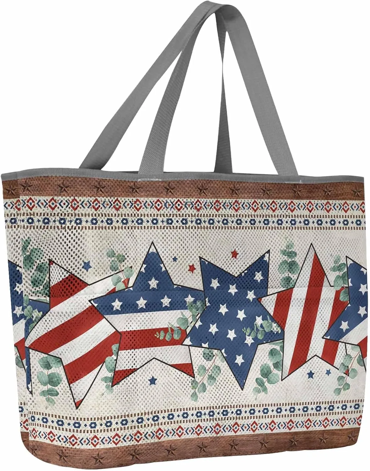 Mesh Beach Bag Oversized Tote Bags for Women Independence Day Blue Star Red Stripe Large Travel Pool Bags with 8 Pockets