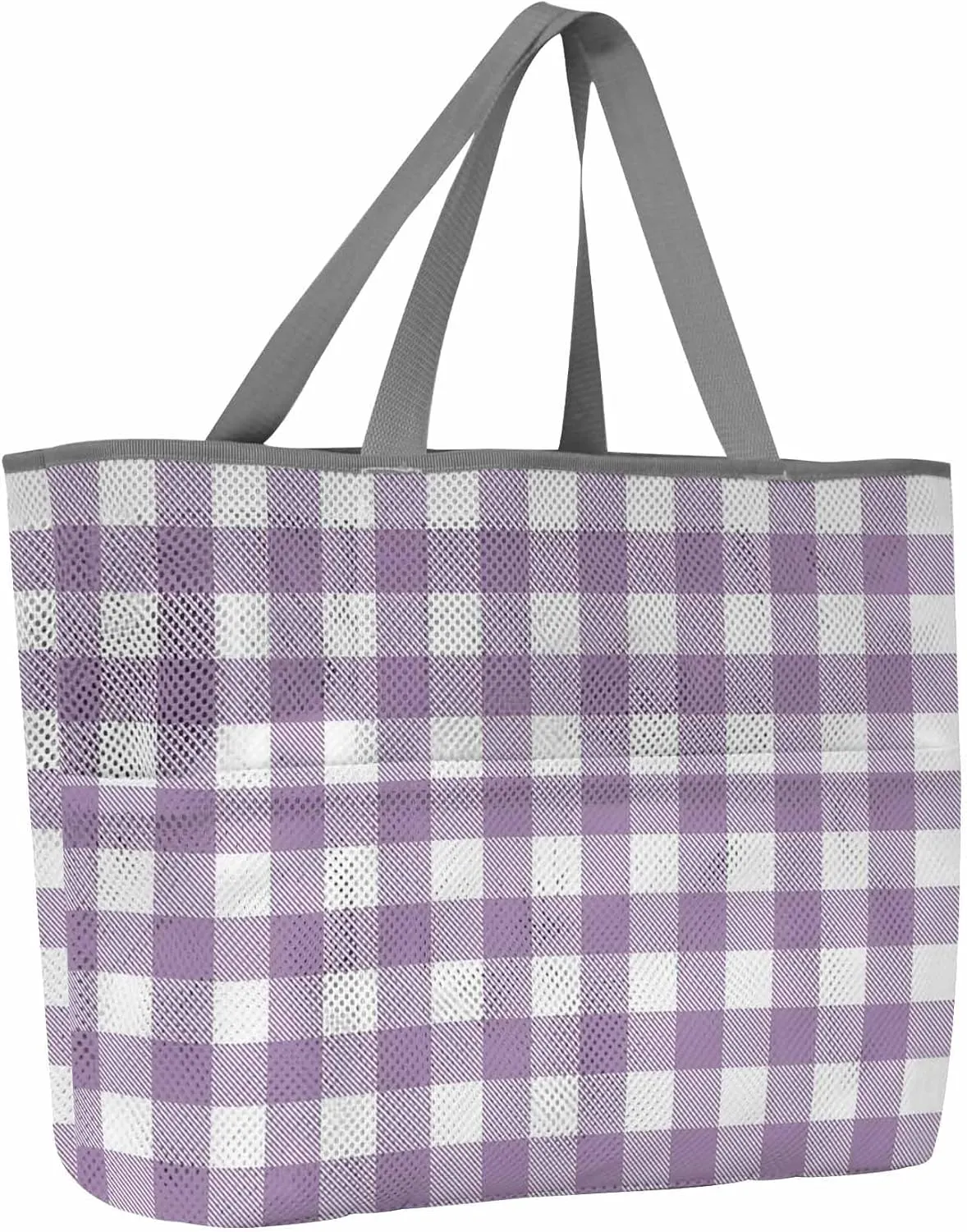 Mesh Beach Bag Oversized Tote Bags for Women Purple Gingham Check Large Travel Pool Bags with 8 Pockets
