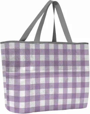 Mesh Beach Bag Oversized Tote Bags for Women Purple Gingham Check Large Travel Pool Bags with 8 Pockets