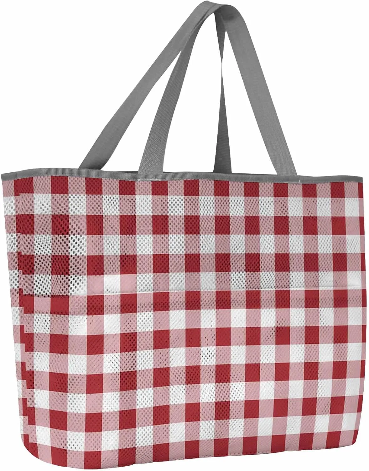Mesh Beach Bag Oversized Tote Bags for Women Red Gingham Check Large Travel Pool Bags with 8 Pockets
