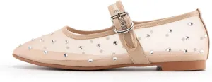 Mesh Mary Jane Flats for Women Ballet Mesh Embroidery Flats Rhinestone Flat Shoes Buckle Ballerina Flats Dressy Comfortable Black Flats