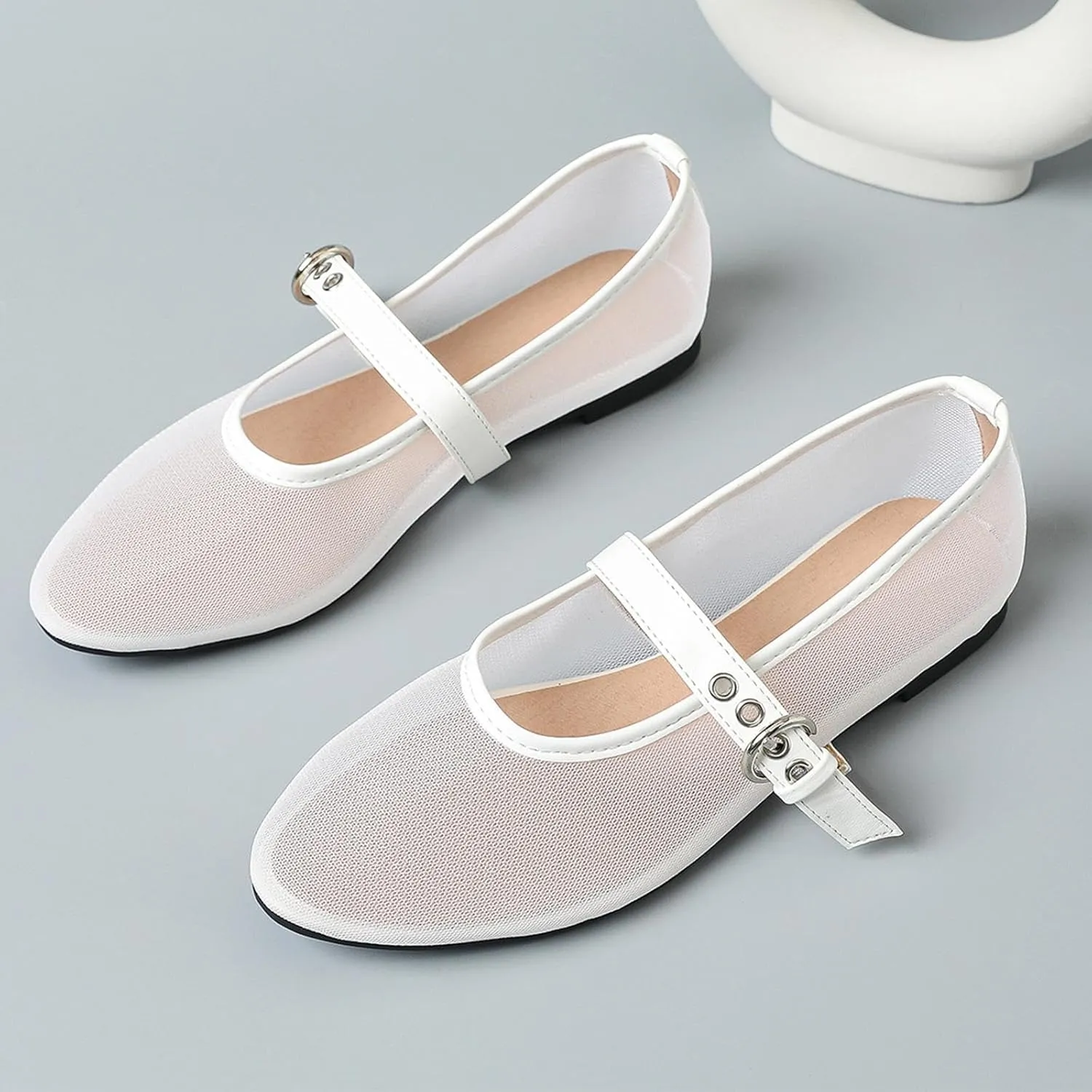 Mesh Mary Jane Flats for Women Ballet Mesh Embroidery Flats Rhinestone Flat Shoes Buckle Ballerina Flats Dressy Comfortable Black Flats