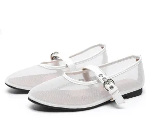 Mesh Mary Jane Flats for Women Ballet Mesh Embroidery Flats Rhinestone Flat Shoes Buckle Ballerina Flats Dressy Comfortable Black Flats