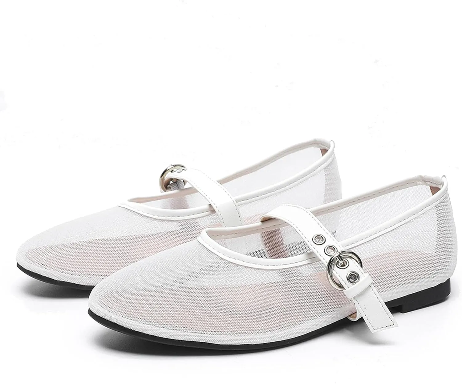 Mesh Mary Jane Flats for Women Ballet Mesh Embroidery Flats Rhinestone Flat Shoes Buckle Ballerina Flats Dressy Comfortable Black Flats