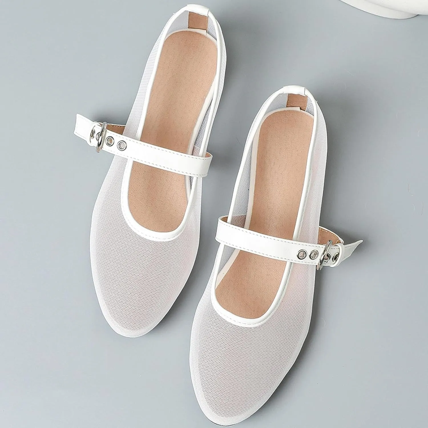 Mesh Mary Jane Flats for Women Ballet Mesh Embroidery Flats Rhinestone Flat Shoes Buckle Ballerina Flats Dressy Comfortable Black Flats