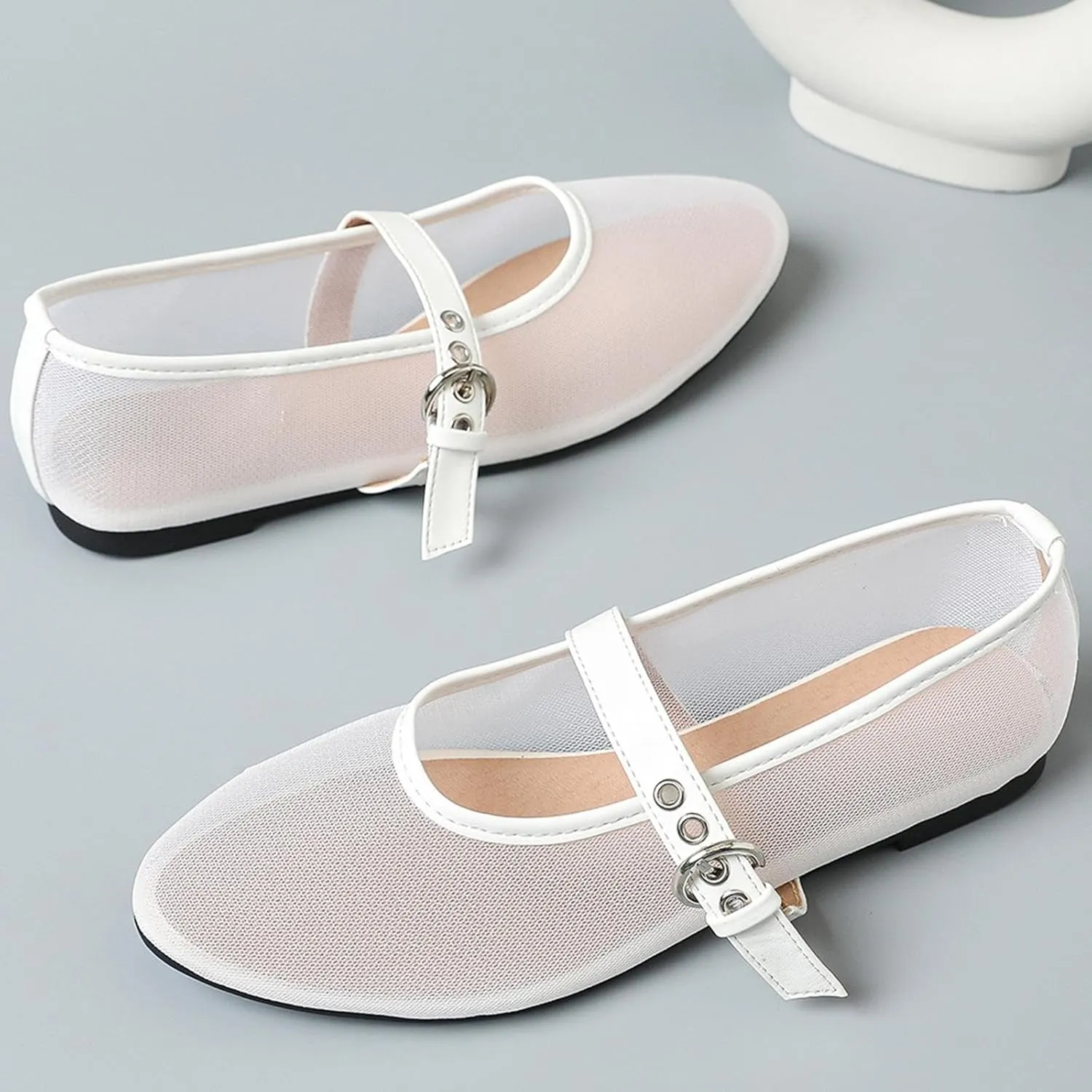 Mesh Mary Jane Flats for Women Ballet Mesh Embroidery Flats Rhinestone Flat Shoes Buckle Ballerina Flats Dressy Comfortable Black Flats