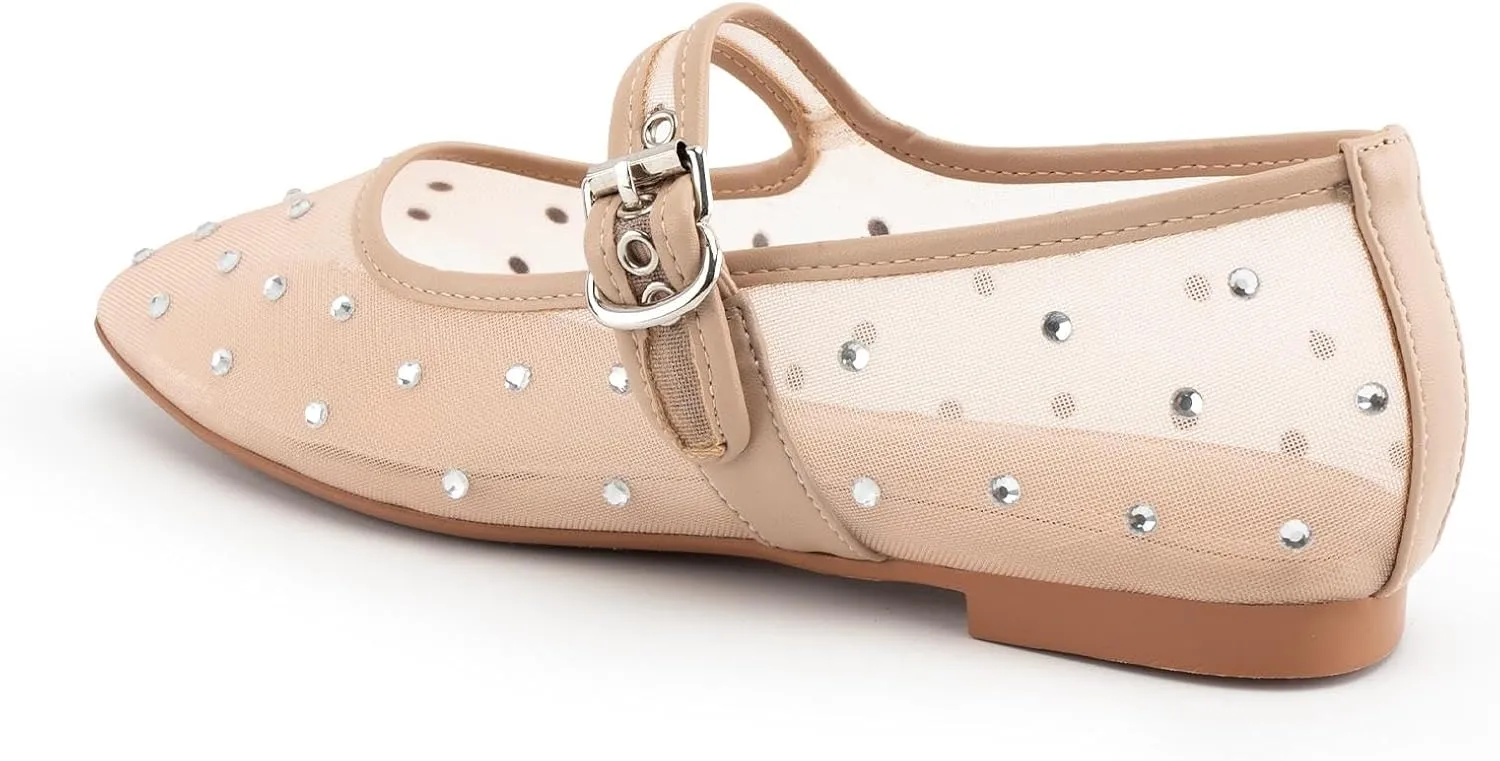 Mesh Mary Jane Flats for Women Ballet Mesh Embroidery Flats Rhinestone Flat Shoes Buckle Ballerina Flats Dressy Comfortable Black Flats