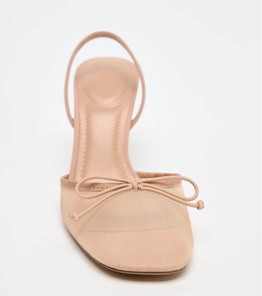 Mesh Slingback Pumps for Women Ballerina Style Round Toe Kitten Heels with Bow Tie Cute High Heel Ballet Shoes
