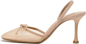 Mesh Slingback Pumps for Women Ballerina Style Round Toe Kitten Heels with Bow Tie Cute High Heel Ballet Shoes
