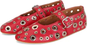 MICIFA Ballet Flats for Women with Buckle Strap Mesh Perforated Metal Studded Mary Jane Comfortable Ballerina Flat Shoes Metallic