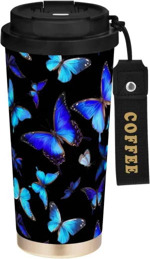 Midnight Flutter Travel Coffee Mug with Straw & Flip Lid, 16oz Ceramic Coated Double Wall Vacuum Insulated Tumbler, Spill Proof Thermos Cup for Hot/Ice Coffee, Drinks
